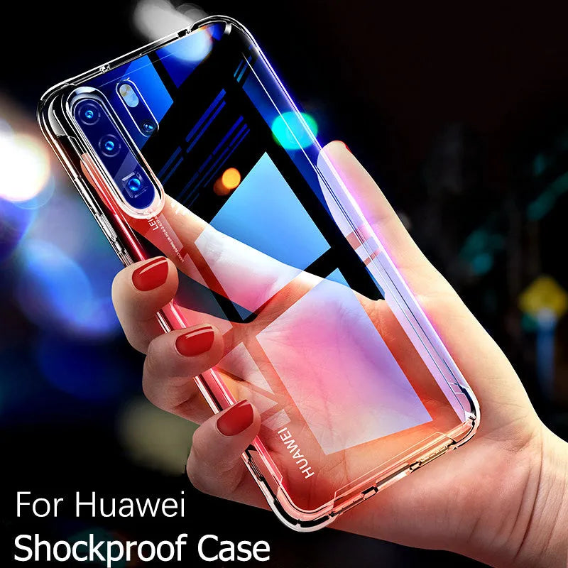 Transparent TPU phone case for Huawei and Honor phones showing airbag anti-fall protection design.