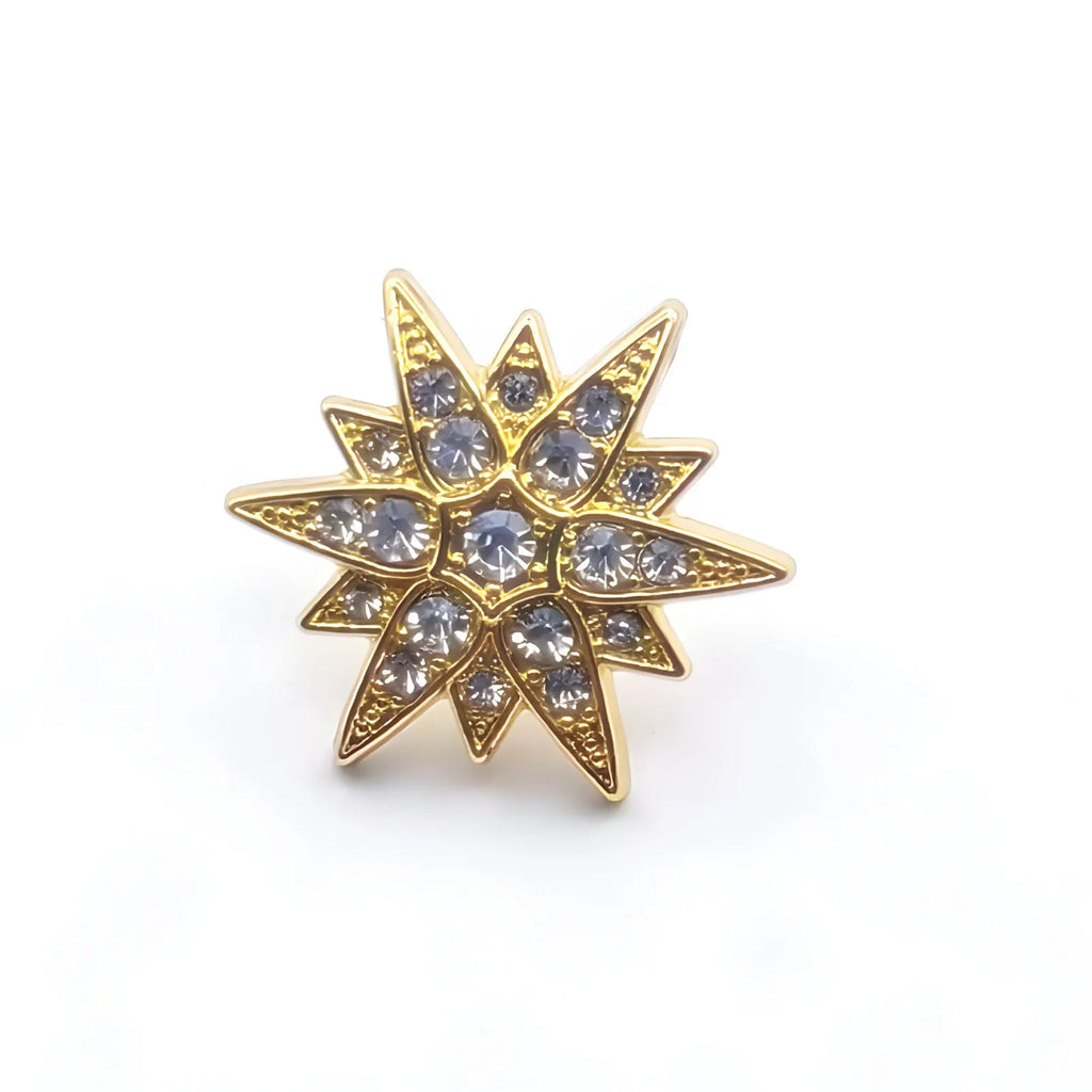 Unisex zinc alloy six-pointed star brooch with diamond-like stones in ink blue, gold, and silver options
