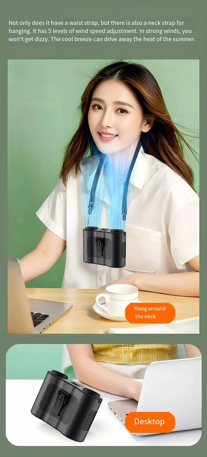 Grey waist-hung personal fan with lanyard, showing waist clip and five-blade turbine design.