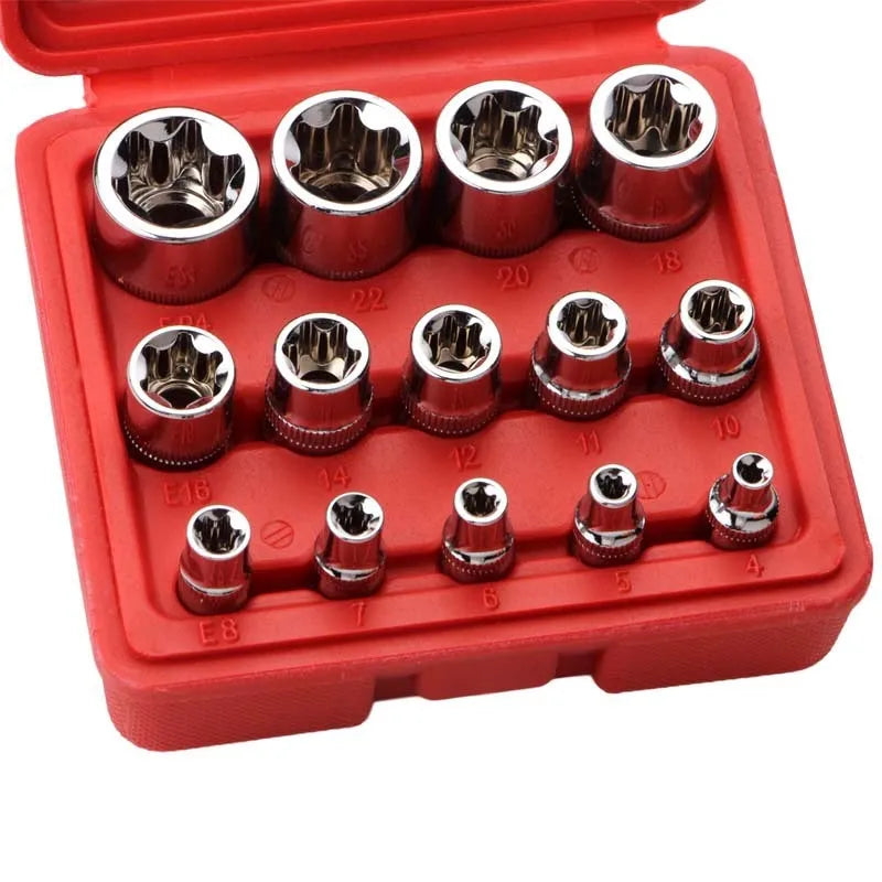 Red toolbox open showing 14 chrome vanadium steel E-type sockets for auto and mechanical repair