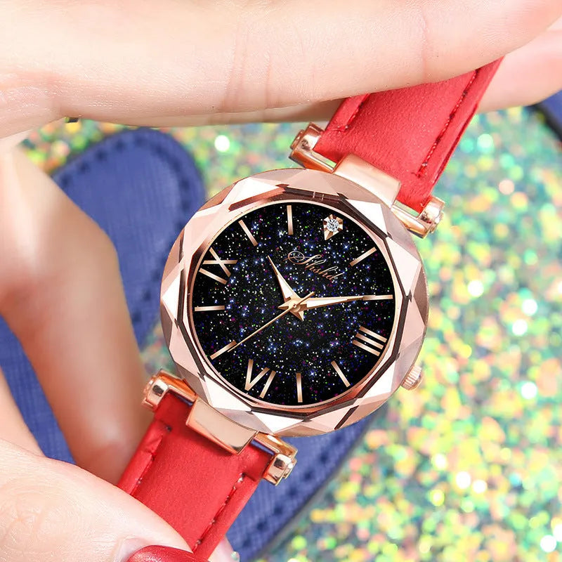 Frosted belt watch with round starry sky dial, Roman numerals, rhinestones, and brown leather strap