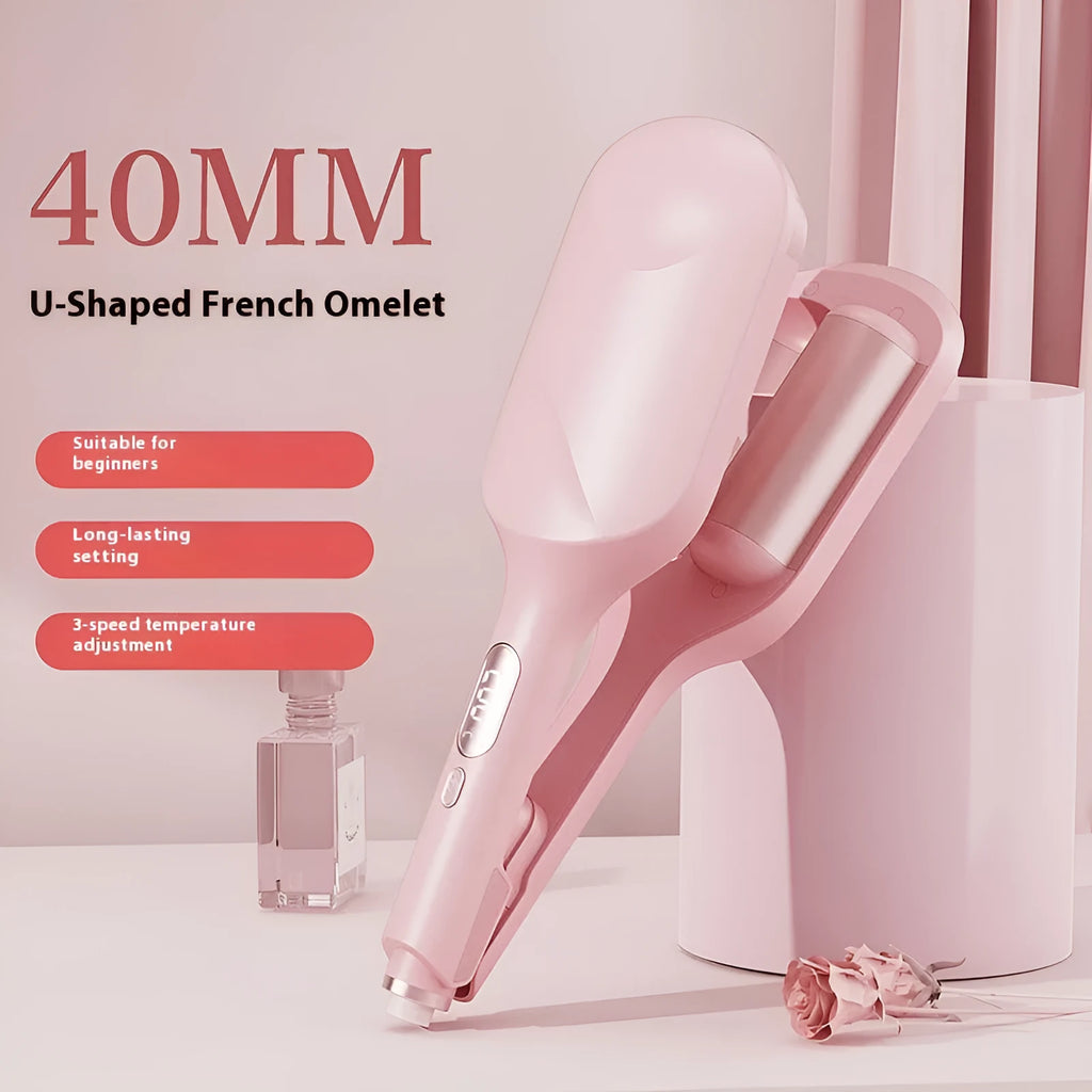 40mm large egg roll deep U LCD hair curler in light purple and pink with wired AC power