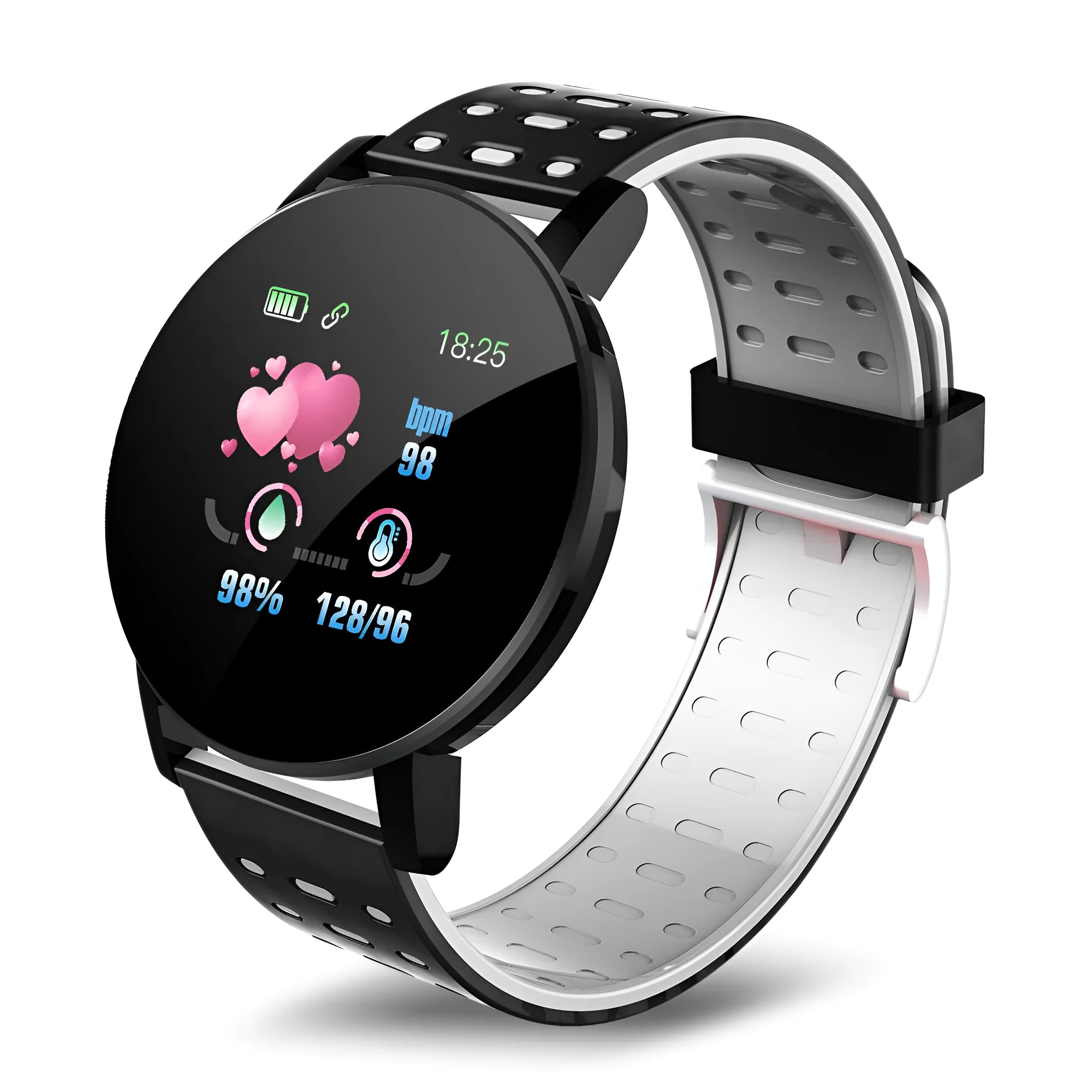 Heart rate bracelet with 1.3-inch touch screen and black silicone strap on wrist