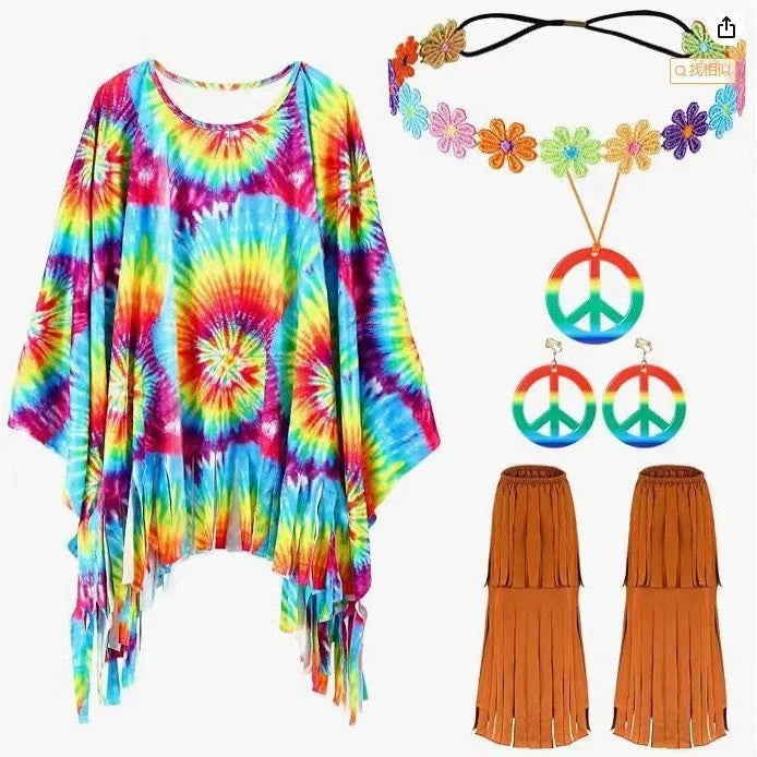 A person wearing a vibrant tie-dye printed cloak with wide bell sleeves, showing the sleeveless design and irregular hemline.