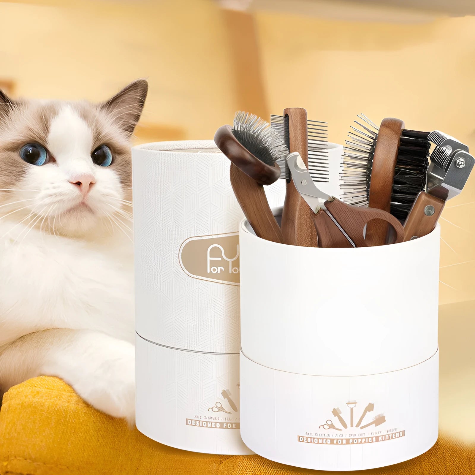 Wooden pet grooming comb set with double-sided comb, rake comb, knot comb, row comb, and nail clippers in storage bucket