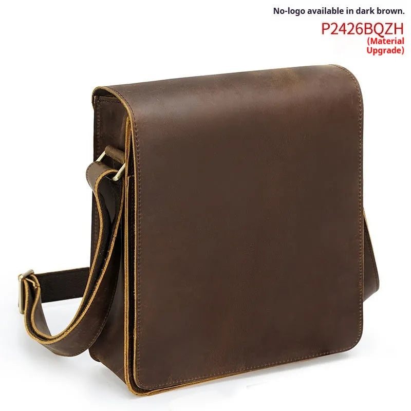 Vintage brown genuine leather crossbody bag for men with top grain finish and geometric pattern