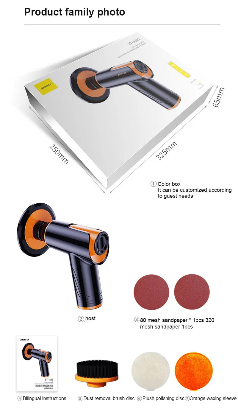 Cordless car polishing machine in black with ABS body, throwing disc, and two cloth pads