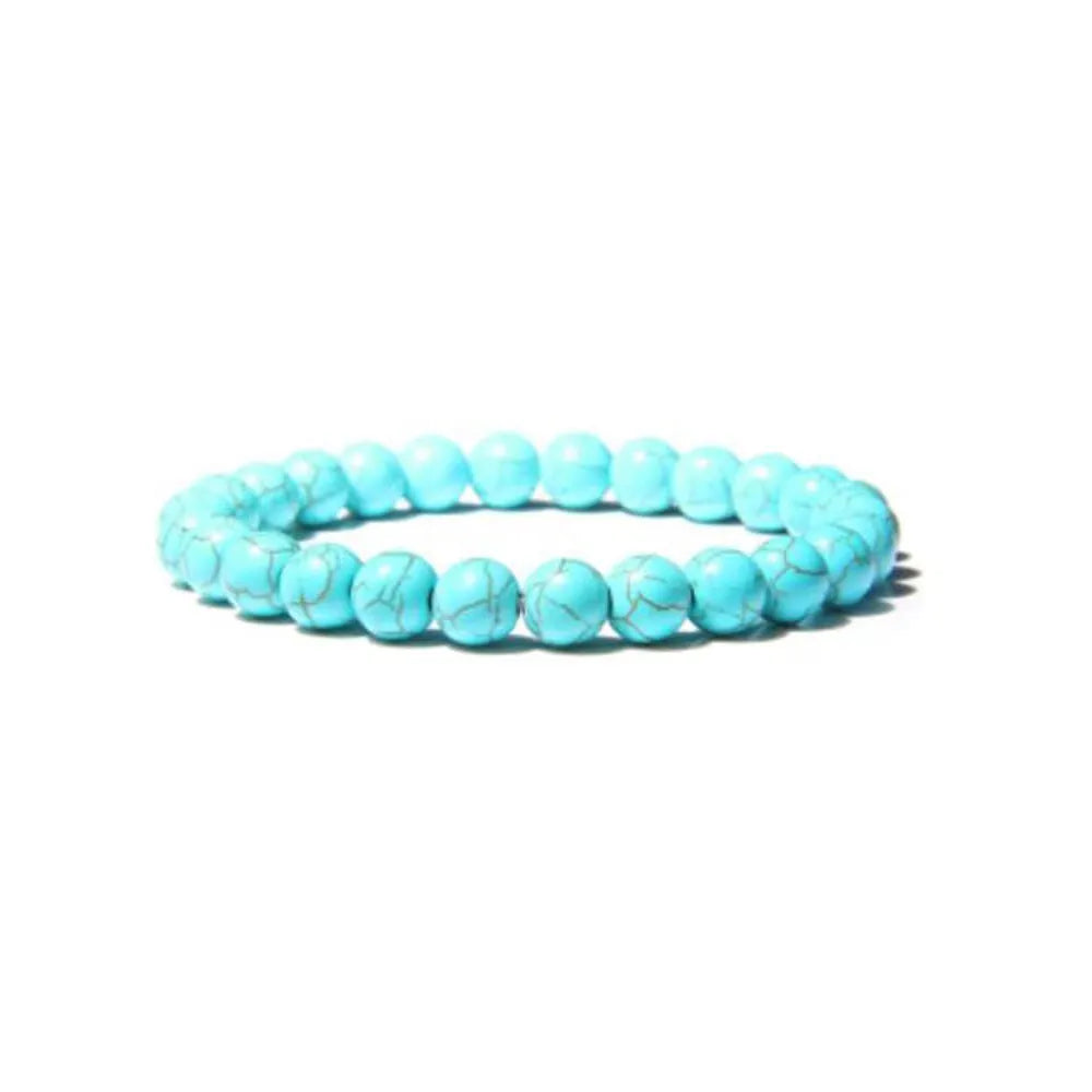 Handmade 8mm natural stone bead bracelet in geometric shape on a wrist, showing agate and gemstone colour options.