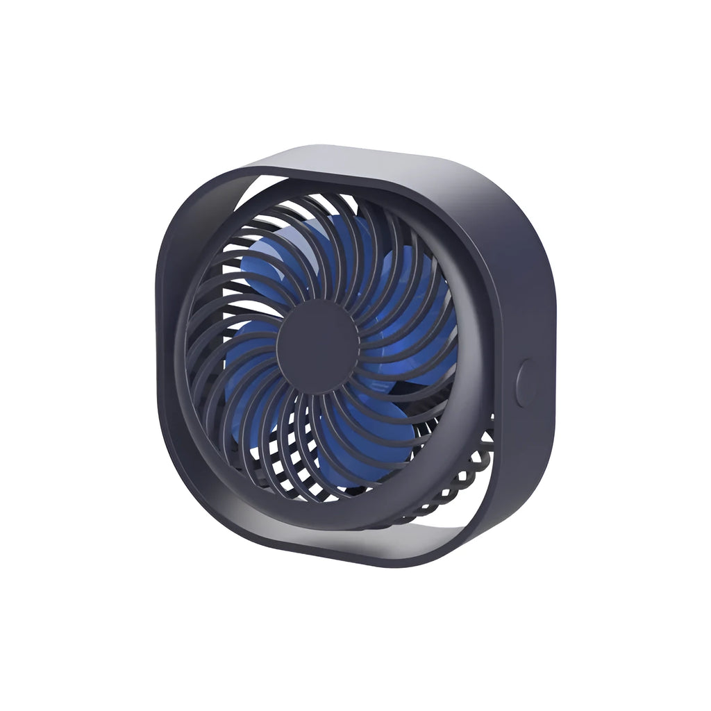USB desk fan with 360-degree rotation in blue, on a desk next to a laptop.