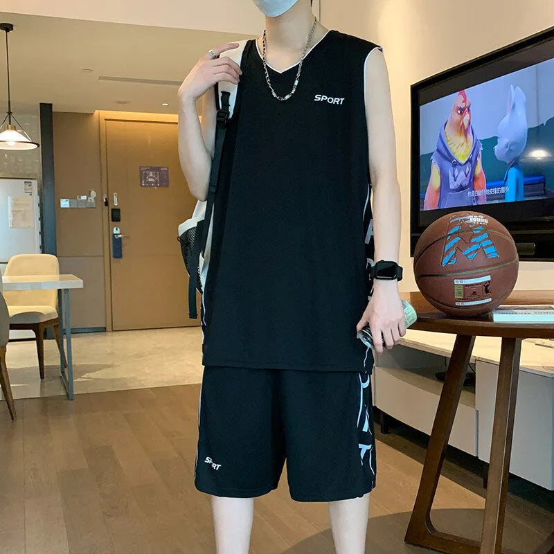 Men's basketball sports set with sleeveless vest and matching shorts in thin polyester fabric