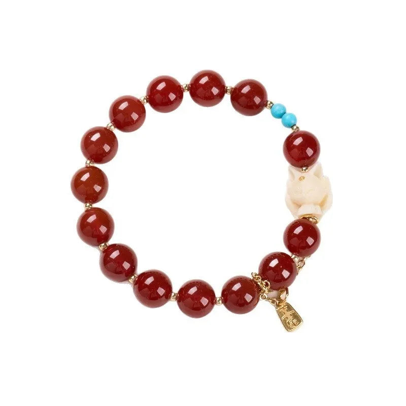 10mm red agate ivory nut round bead bracelet with Phoenix Nine zodiac animal design, retro women's jewellery