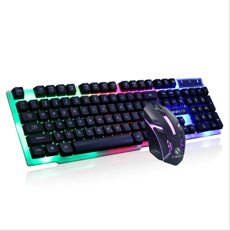 Limei Gtx300 white and black wired keyboard and mouse set with backlit keys on a desktop.