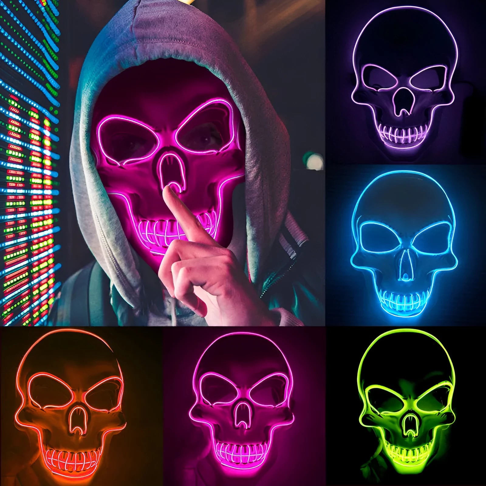 LED skeleton mask with glowing blue eyes, nose, and mouth on a black background.