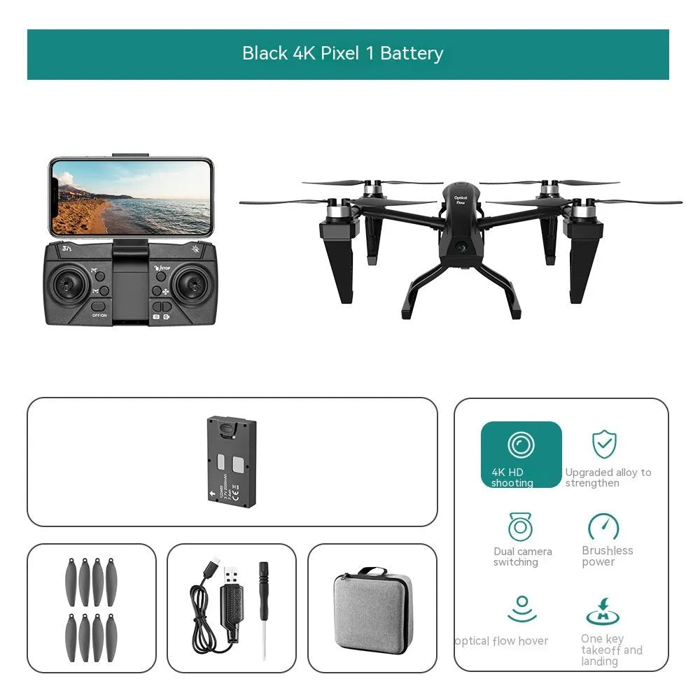 White KS66 alloy UAV drone with camera and remote control on grass, spare propellers and storage bag shown alongside.