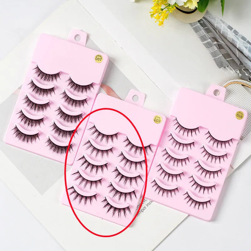 Manga cosplay false eyelashes in natural wispy styles 007, 008, and 009 with black plastic terriers