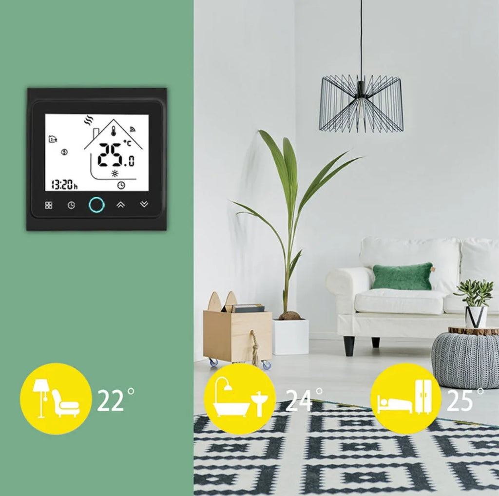 Intelligent central air conditioning thermostat in black or white with capacitive touch buttons and digital display