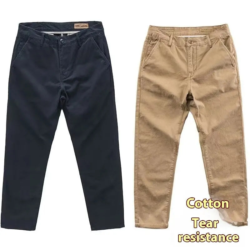 Men's slim fit straight leg trousers in navy blue cotton-polyester blend fabric