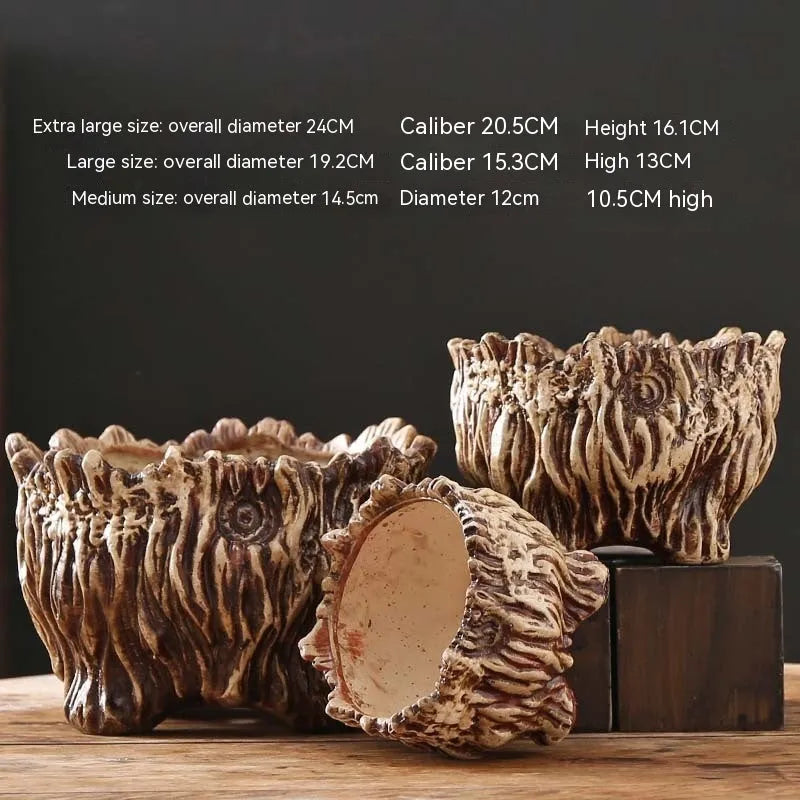 Ceramic wood-shaped tree root flower pot with green plant, large size, pastoral style for home gardening