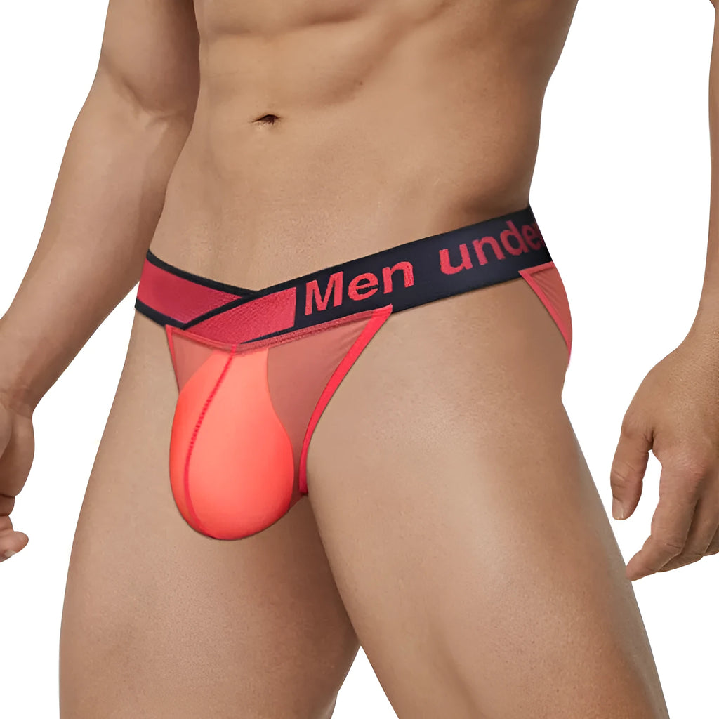 Men's transparent ice silk briefs in red, showing low waist and high-cut leg design.