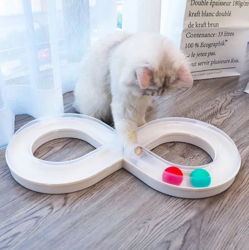 Cat toy turntable with interactive track ball dish in white and blue, size 50x24x5.5cm