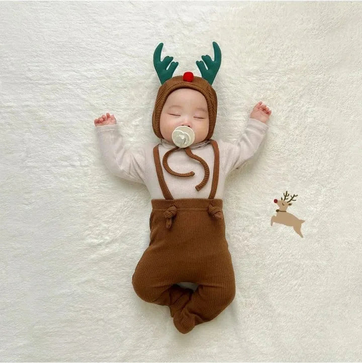 Baby combed cotton suspender jumpsuit in solid colour with hat, suitable for 66-90cm height