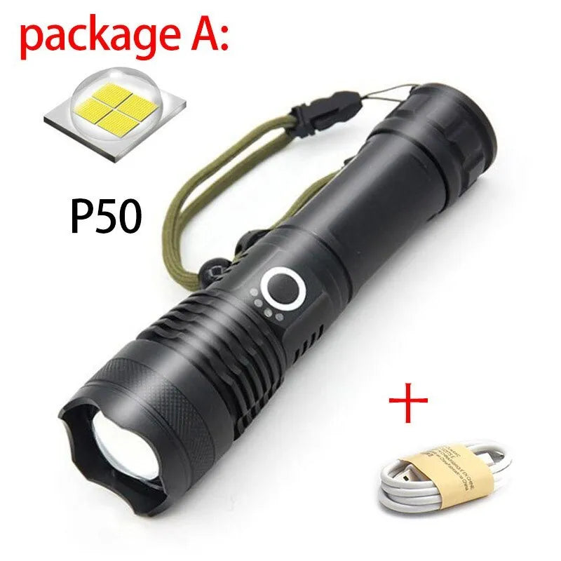 USB Charging Zoom P50 Flashlight with telescopic zoom, XHP70 LED, and aluminium shell