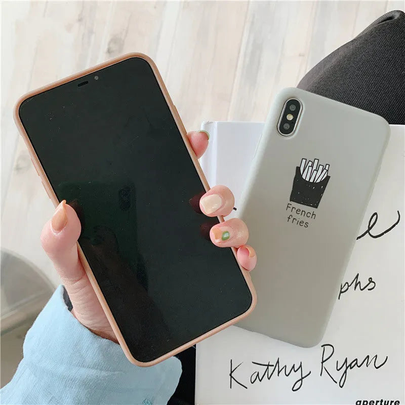 Soft matte silicone iPhone case showing coffee and fries couple design patterns.