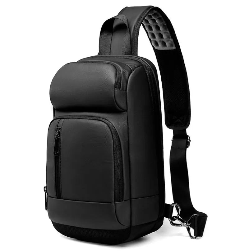 Black medium outdoor leisure shoulder bag showing square shape and single air cushion strap