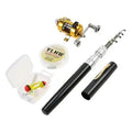 Gold telescopic pen fishing rod kit with black reel, collapsed in aluminium case and extended to 1 metre.