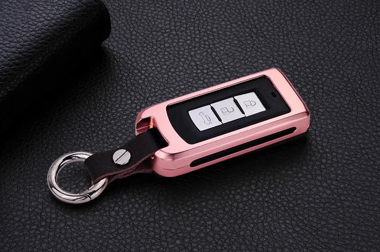 Aluminium alloy key shell sleeve buckle cover for car key protection in silver with cowhide leather accent
