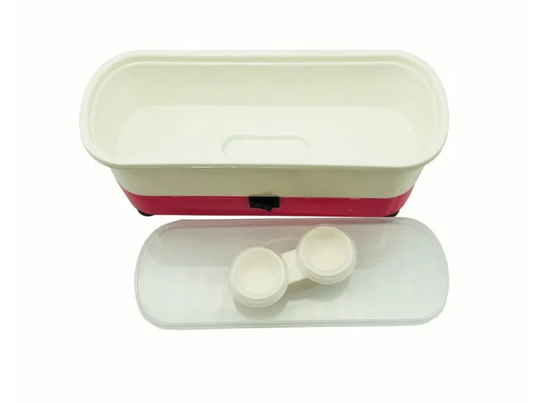 Blue plastic analog ultrasonic cleaner for glasses and contact lenses, 17x6x8 cm, with suction cups on a table