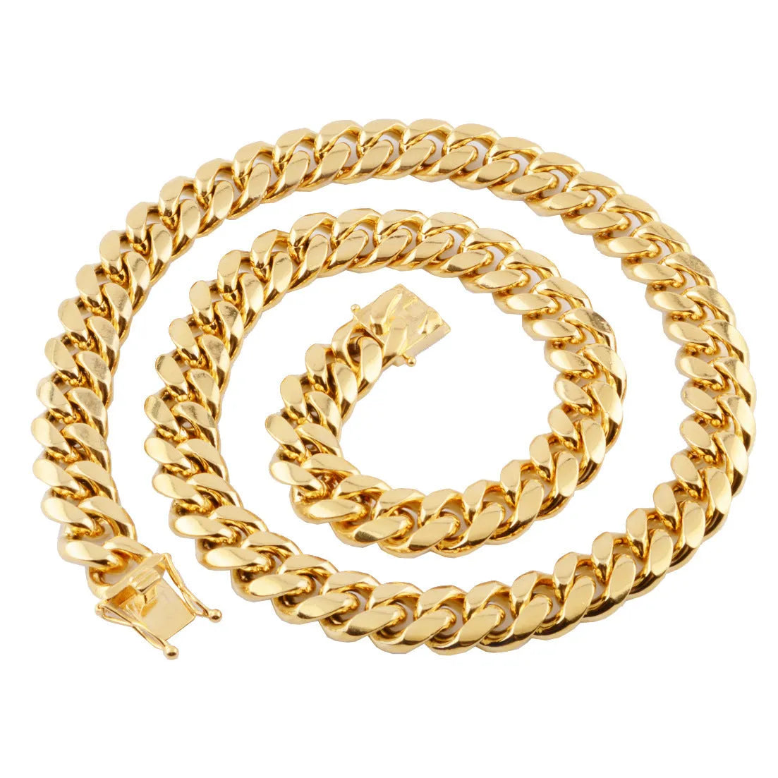 Gold Miami Cuban link stainless steel chain necklace on white background