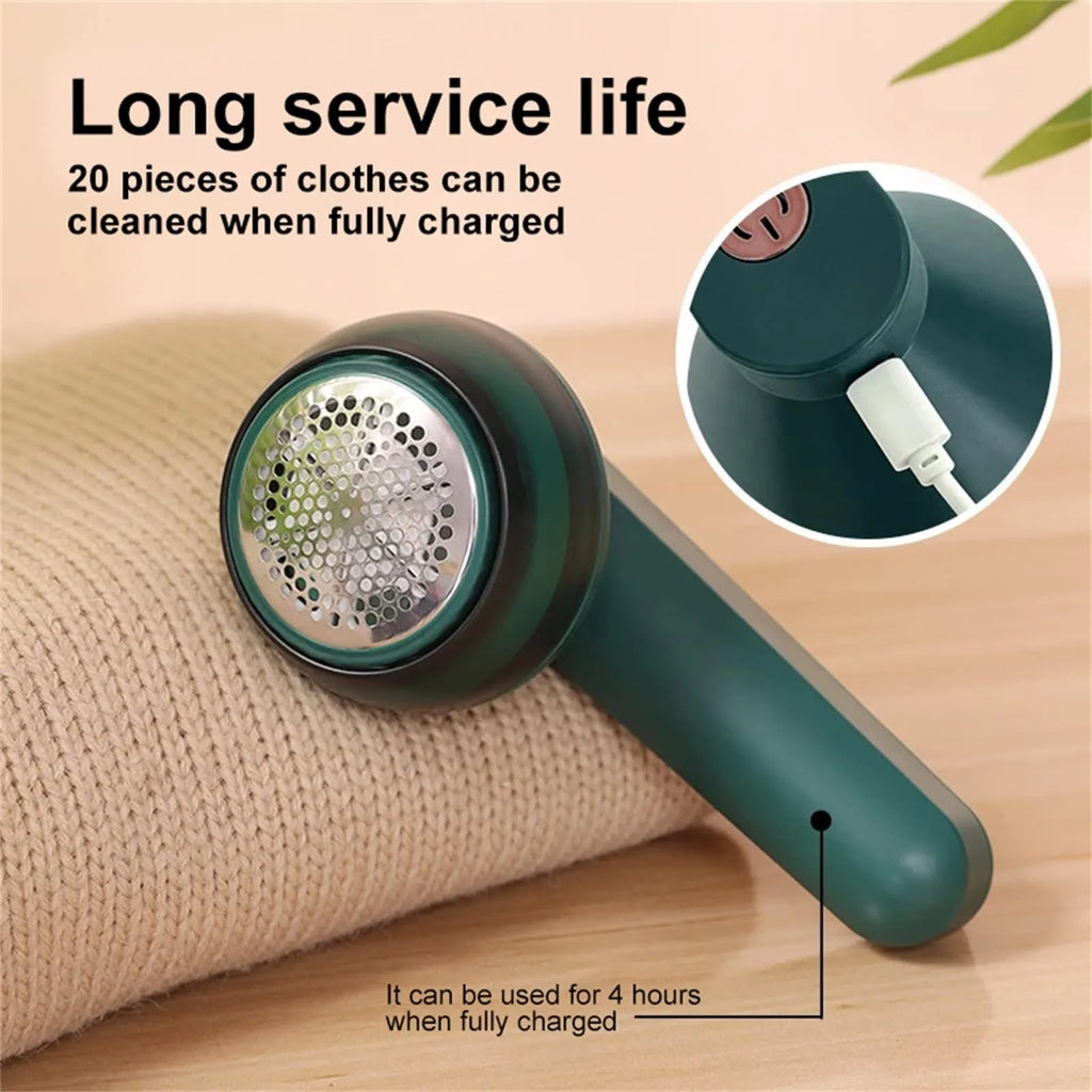 White or green USB-rechargeable electric lint remover with removable lint collection container