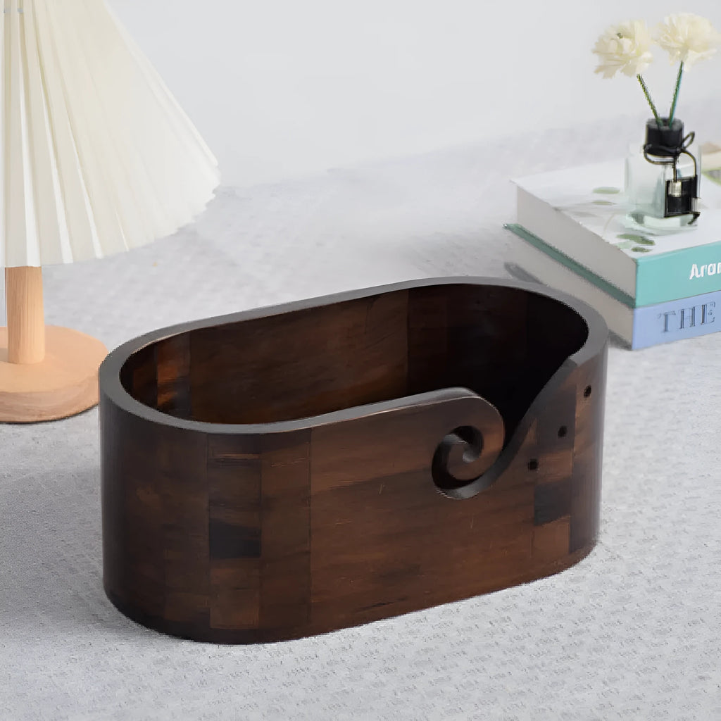 Fashion retro solid wood oval storage box in black walnut colour with lid and double-sided hole, 28.5 cm long
