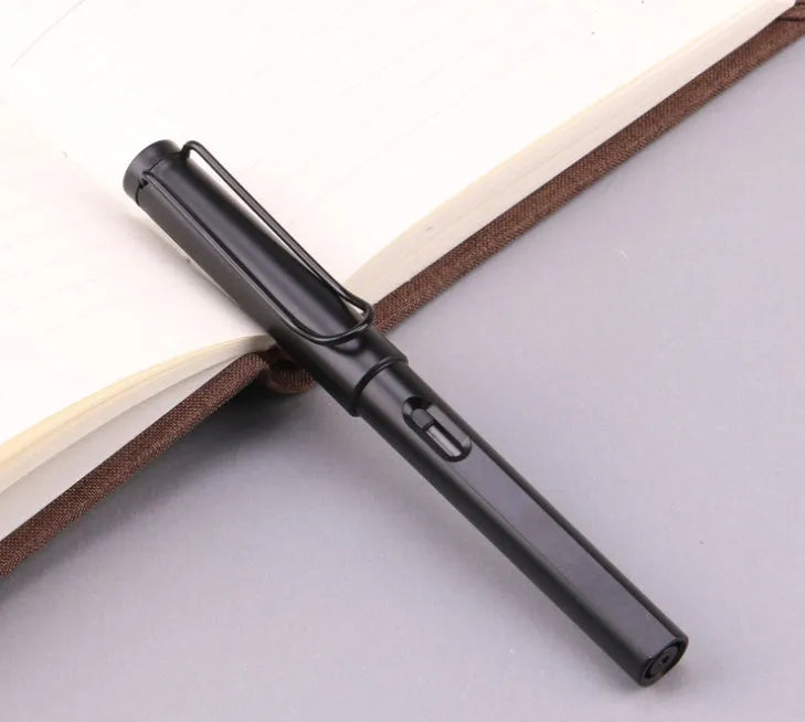 A black and a blue frosted plastic fountain pen showing 0.38mm and 0.5mm nib options.