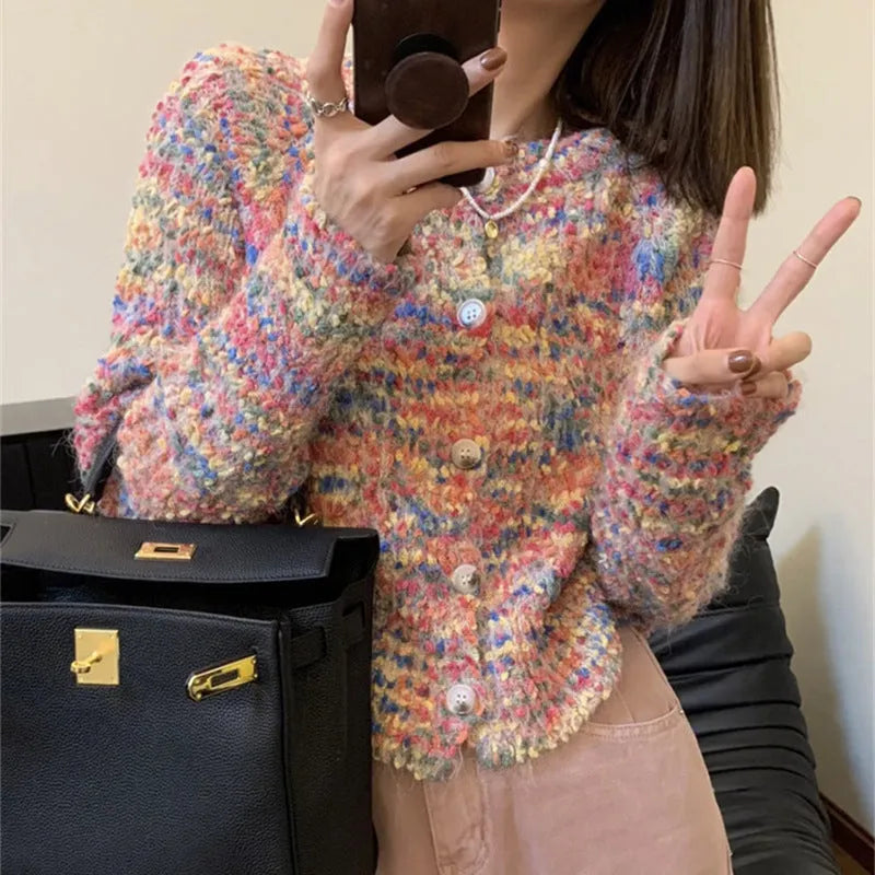 Pink or green slim fit acrylic knitted cardigan sweater with regular sleeves