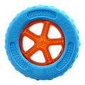 Set of three floating squeaky dog toys: a ball, barbell, and tyre on a blue background.