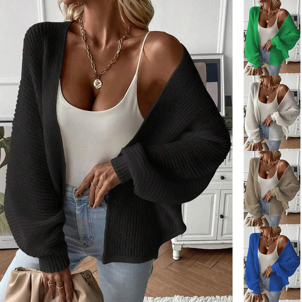 Polyester batwing sleeve cardigan in loose fit showing five colour options: black, white, green, khaki, and blue