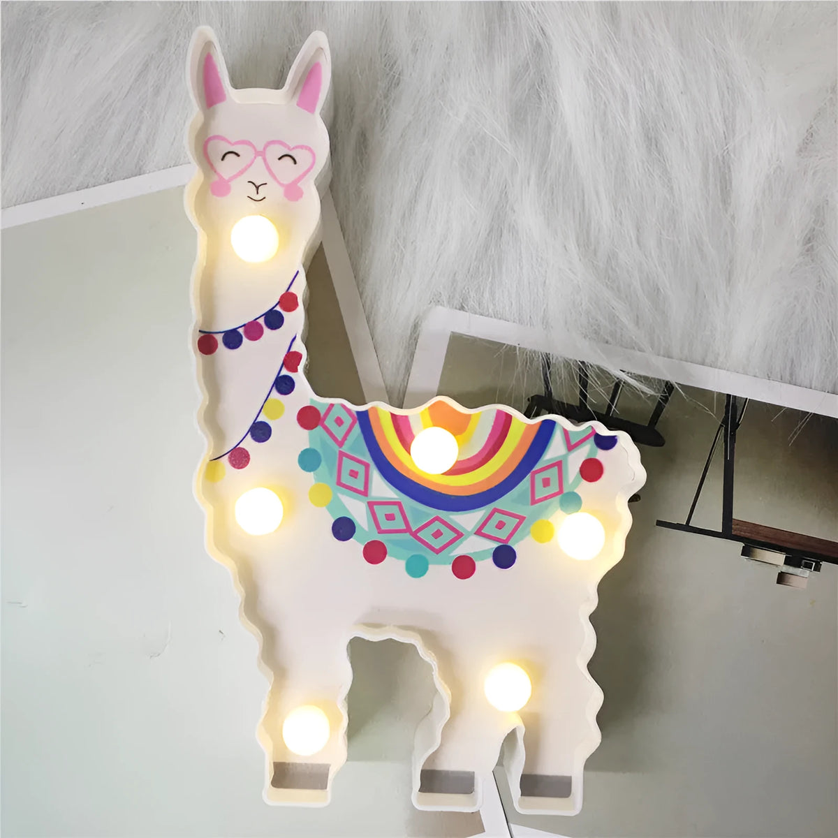 Alpaca night light 19cm x 12cm x 3cm, 83g, shown in white, white hair, or yellow