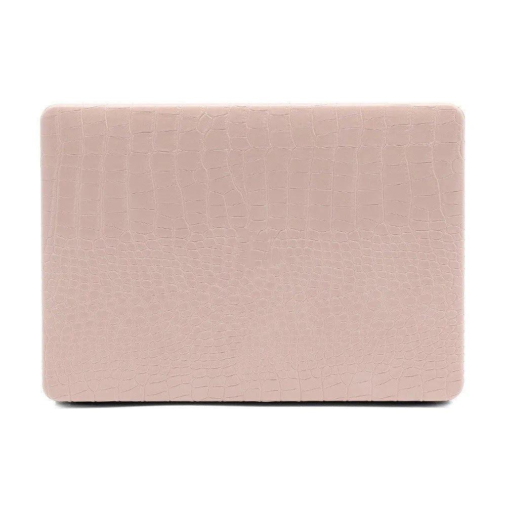 MacBook protective case with crocodile pattern texture and hollowed-out Apple logo in soft pink colour