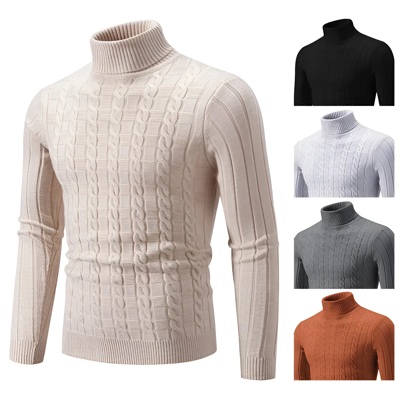 Man wearing a milky white slim fit chenille turtleneck pullover with a twist design detail