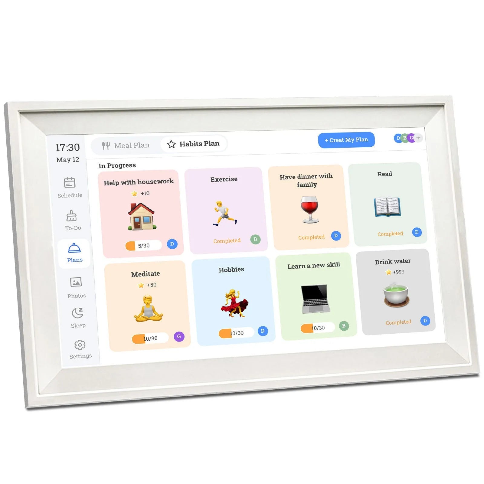 White 15.6 inch digital photo frame displaying family photos on full HD screen