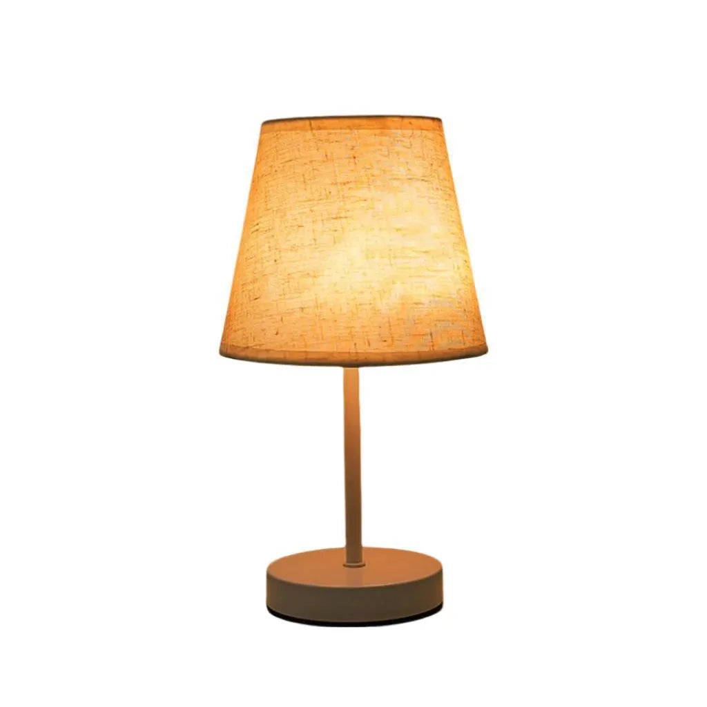 Solid wood bedside lamp with fabric linen shade and touch dimming controls