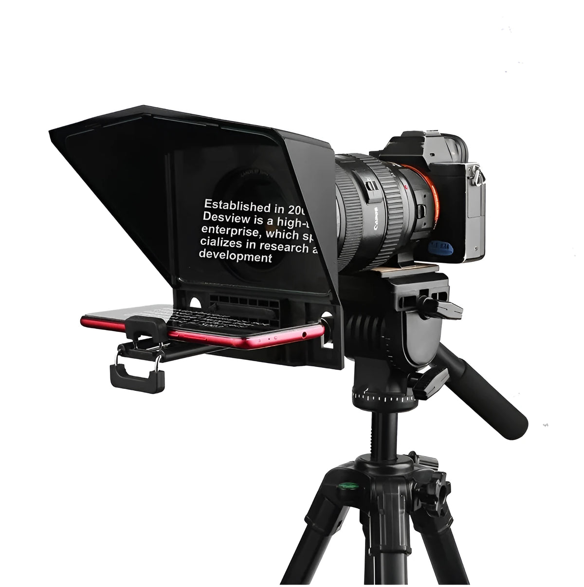Black portable teleprompter with 115x110mm glass mirror, 200g body, and 49-77mm adapter rings for phone and tablet recording.