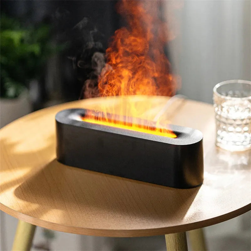 White square plastic flame aroma diffuser humidifier with LED lights and water vapour mist.