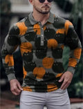 Man wearing a grey 3D printed striped long-sleeved casual top made from polyester fabric.