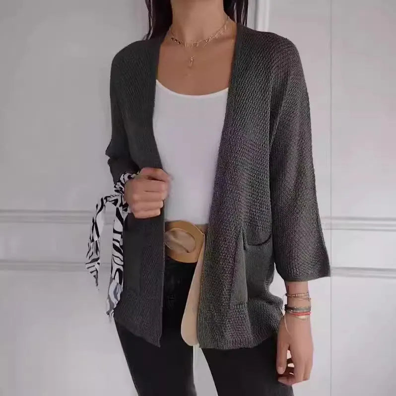 Women's thin waffle knit cardigan coat with nine-quarter sleeves in army green.