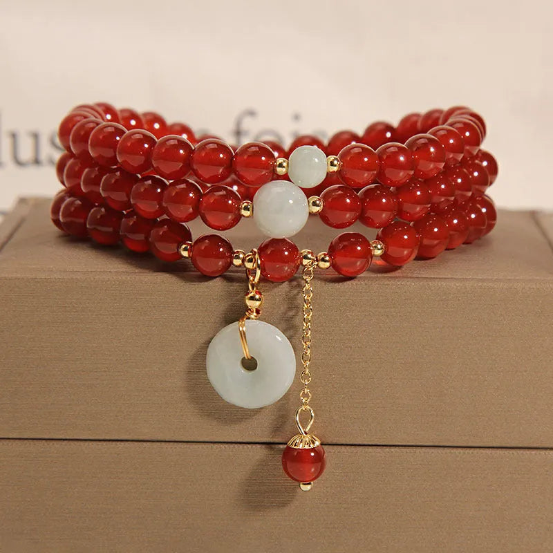 Women's red agate multi-layer bracelet with crystal accents and elastic band