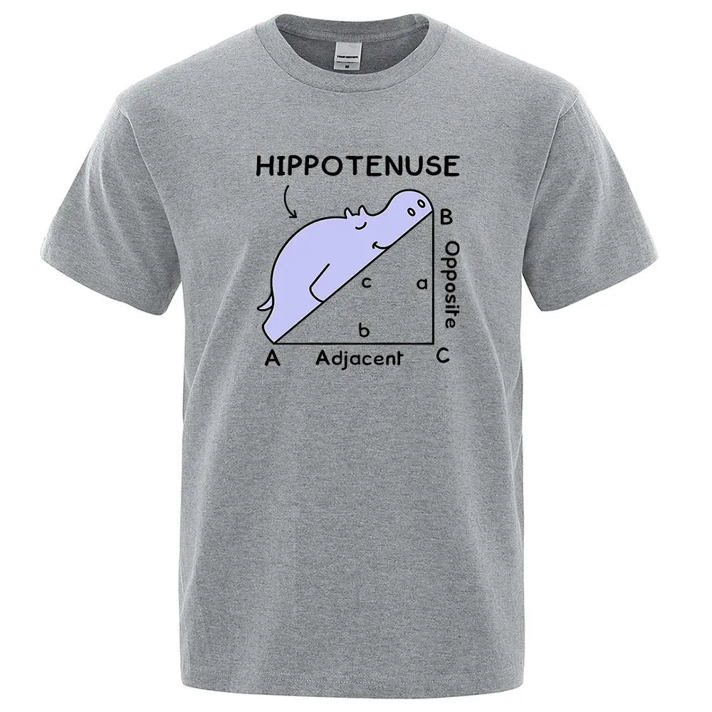 White cotton t-shirt with a large printed humorous triangle diagram labelled Hippotenuse, Opposite, Adjacent.