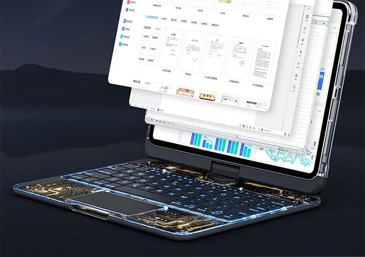 360 swivel transparent keyboard case for iPad with trackpad and pen slot, showing open position